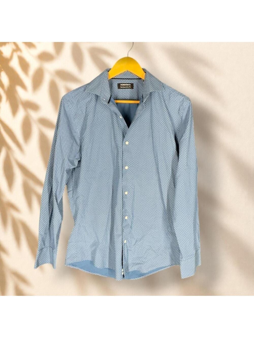 Nordstrom Shirt Men 32-33 Blue Geometric Button Up Tech Smart Slim Fit Cotton